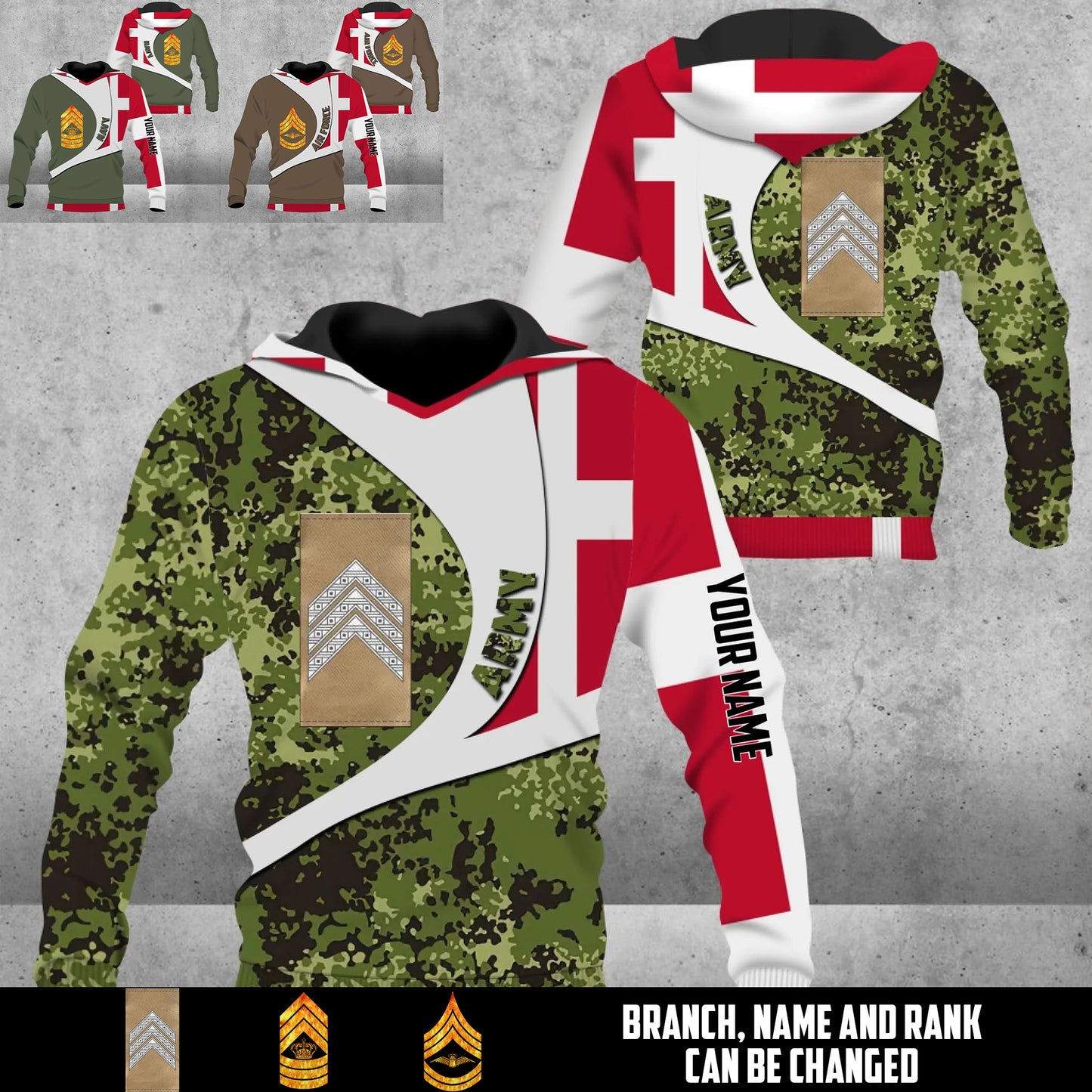 Personalized Denmark Soldier/Veteran Camo with Name & Rank Hoodie All Over Printed - 17675712