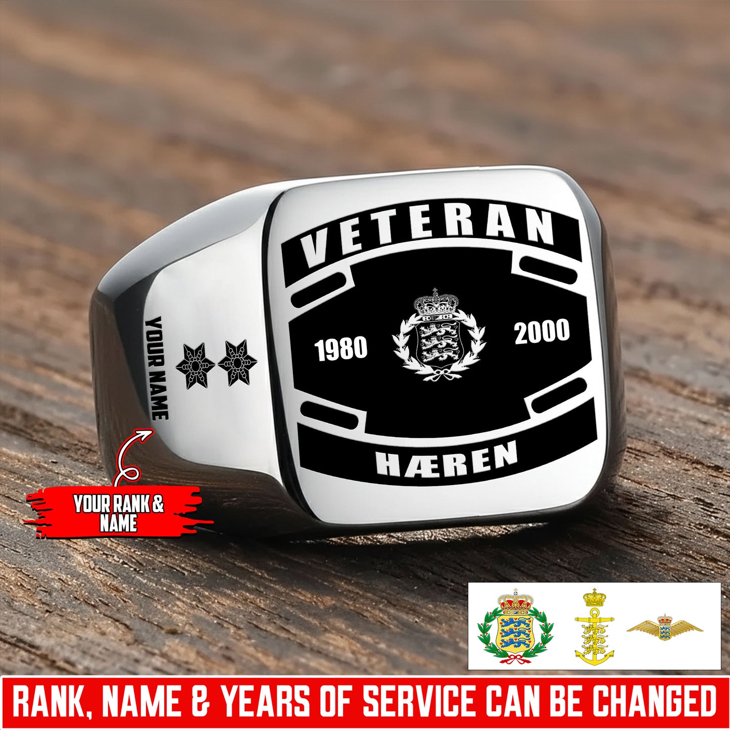 Personalized Denmark Soldier/Veteran with Name, Year and Rank Engraved Men’s Ring - 17647200