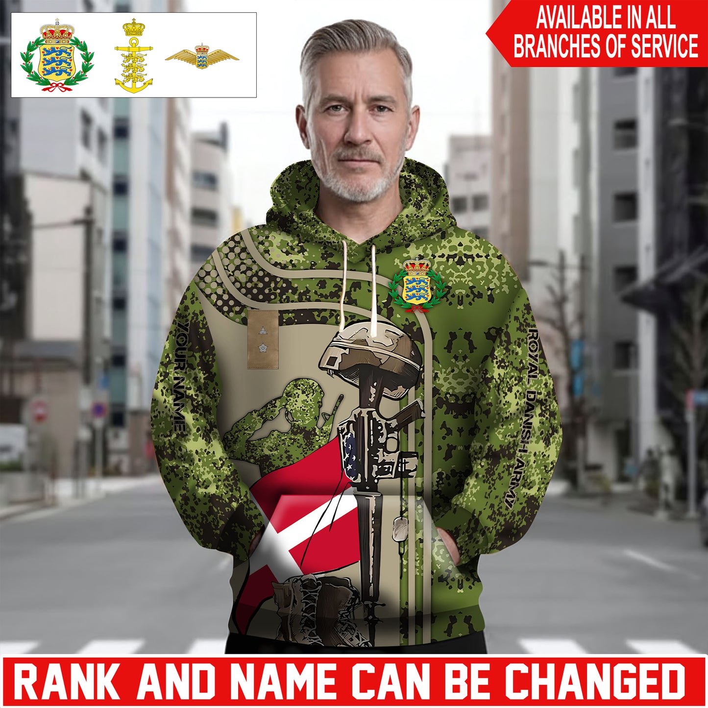 Personalized Denmark Soldier/Veteran Camo with Name and Rank Hoodie Sweater All Over Printed - 1762905607