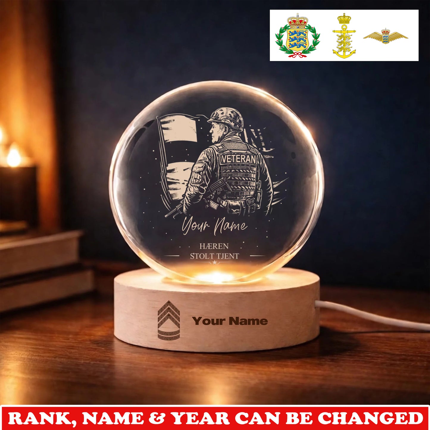 Personalized Denmark Veteran/ Soldier With Rank, Year And Name Crystal Ball Night Light - 1775692801