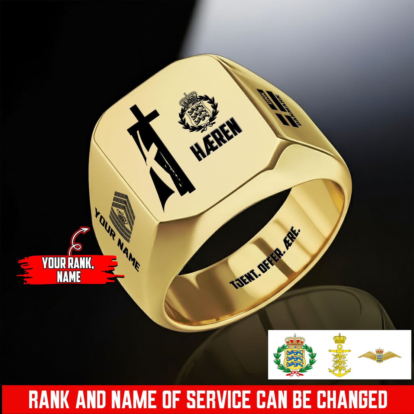 Personalized Denmark Soldier/Veteran with Name and Rank Engraved Men’s Ring - 17653248