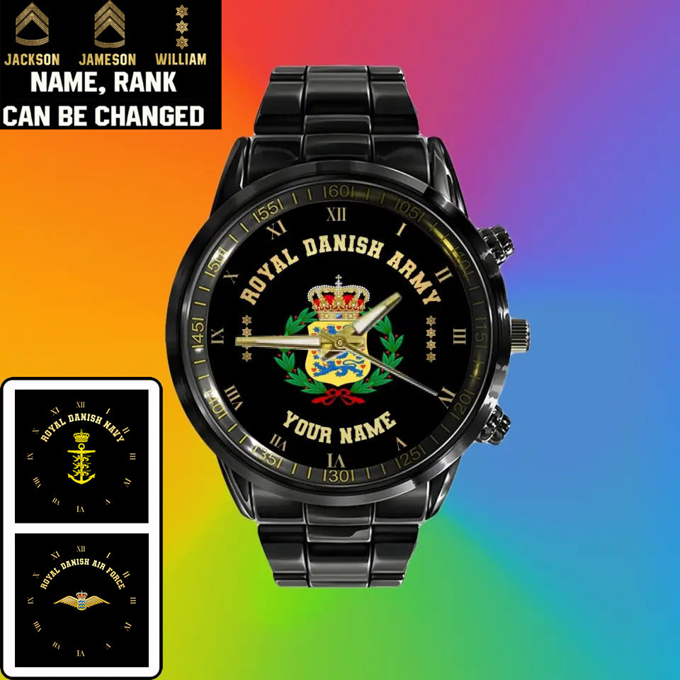 Personalized Denmark Soldier/ Veteran With Name And Rank Black Stainless Steel Watch - 0803240001 - Gold Version