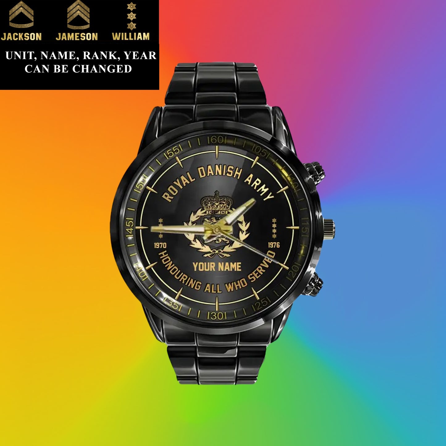 Personalisierte dänische Soldat/Veteran mit Namen, Rang und Jahr, schwarze Edelstahluhr – 26042401QA – goldene Version
