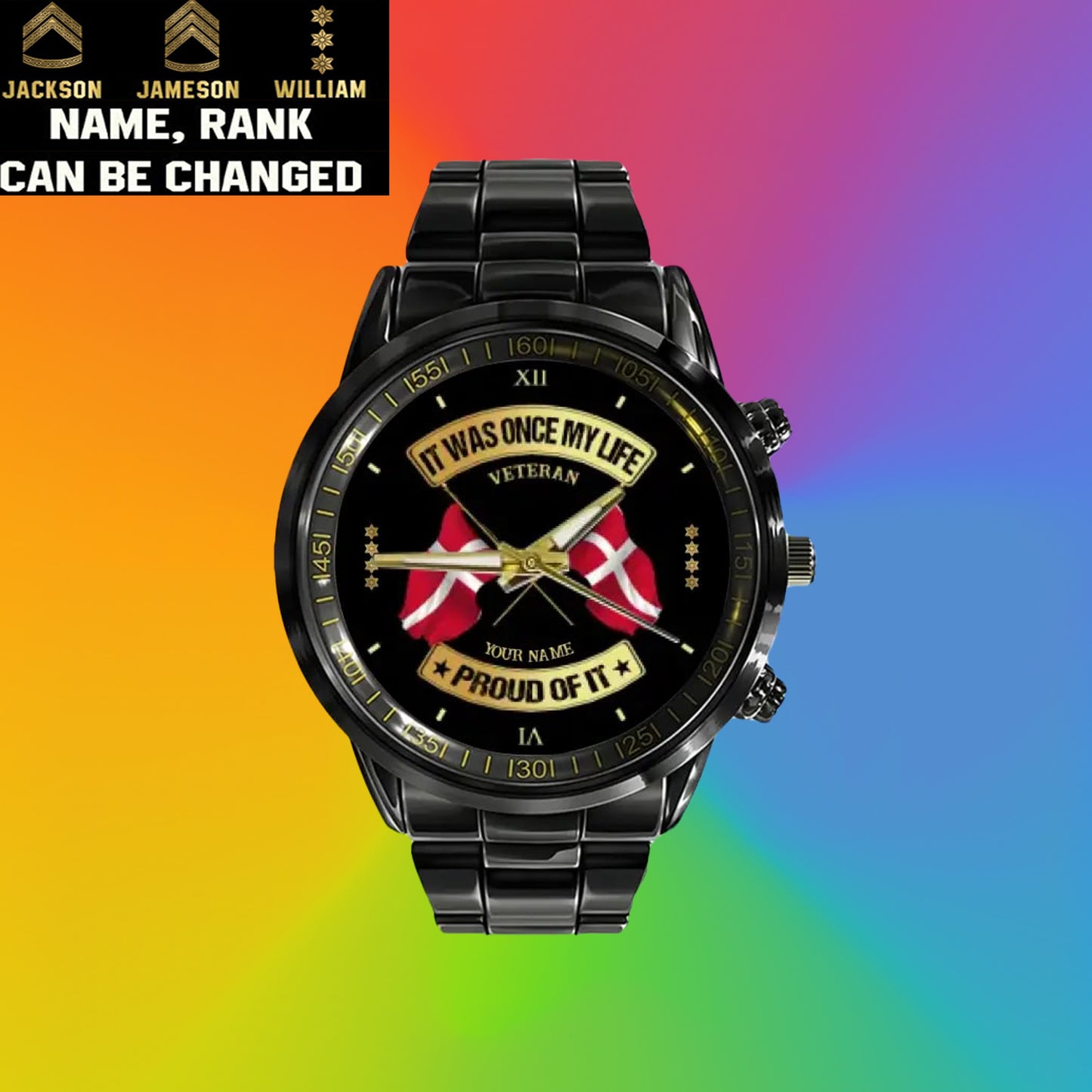 Personalisierte dänische Soldat/Veteran mit Namen und Rang, schwarze Edelstahluhr – 03052401QA – goldene Version