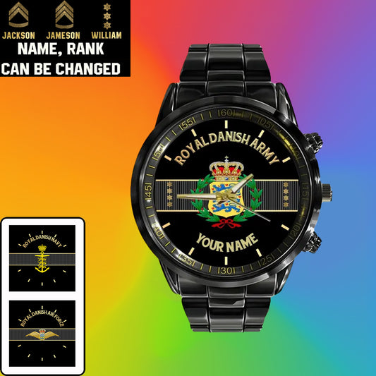 Personalized Denmark Soldier/ Veteran With Name And Rank Black Stainless Steel Watch - 0703240001 - Gold Version