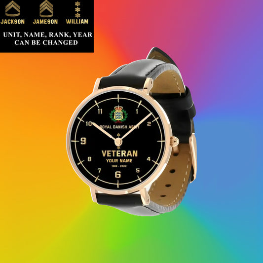 Personalized Denmark Soldier/ Veteran With Name, Rank and Year Black Stitched Leather Watch - 03052402QA - Gold Version