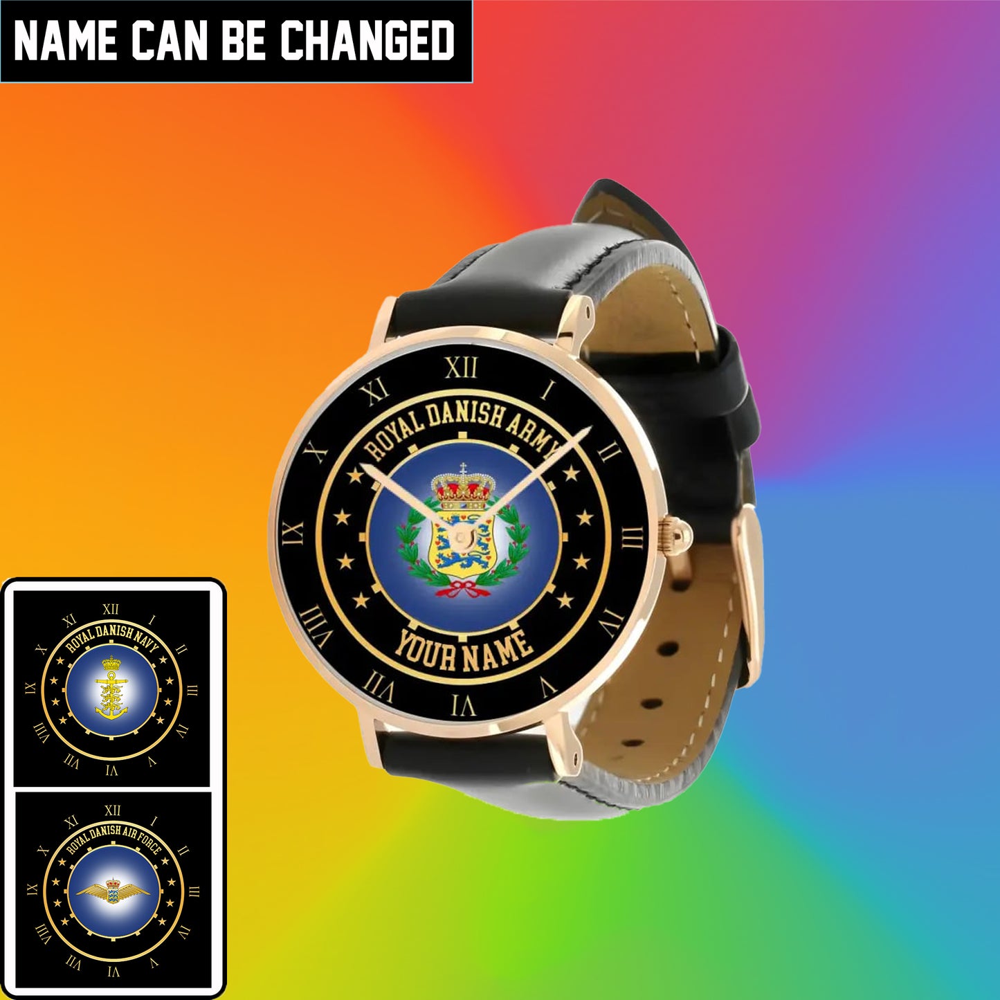 Personalized Denmark Soldier/ Veteran With Name Black Stitched Leather Watch - 17122752  - Gold Version