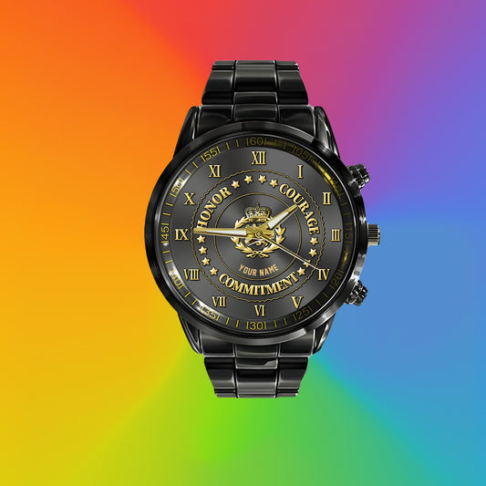 Personalized Denmark Soldier/ Veteran With Name Black Stainless Steel Watch - 2203240001 - Gold Version