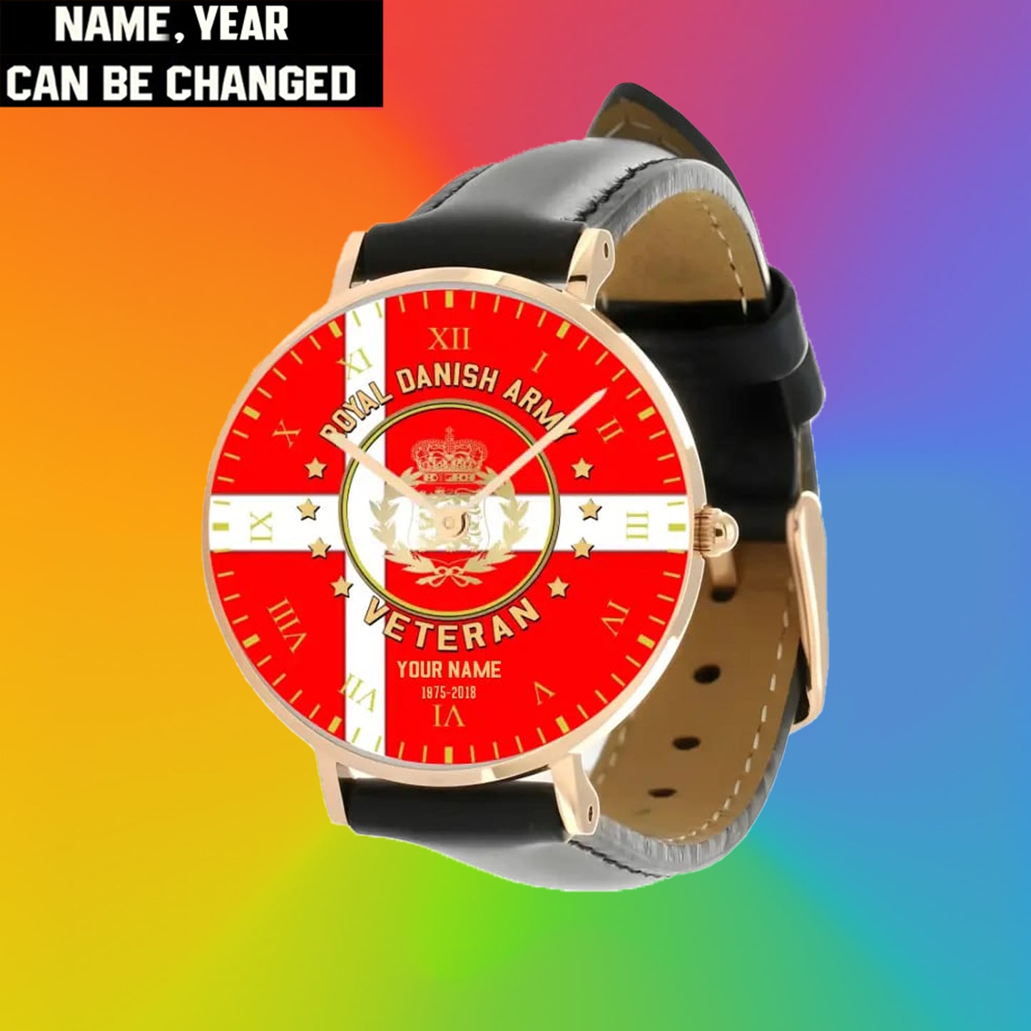 Personalized Denmark Soldier/ Veteran With Name And Year Black Stitched Leather Watch - 17120160 - Gold Version