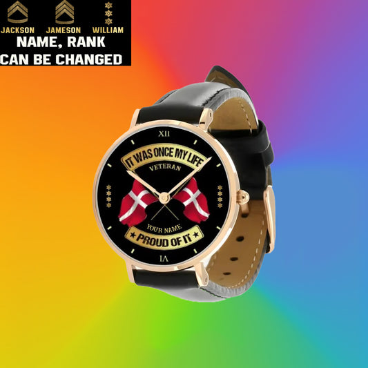 Personalized Denmark Soldier/ Veteran With Name and Rank Stitched Leather Watch - 03052401QA - Gold Version