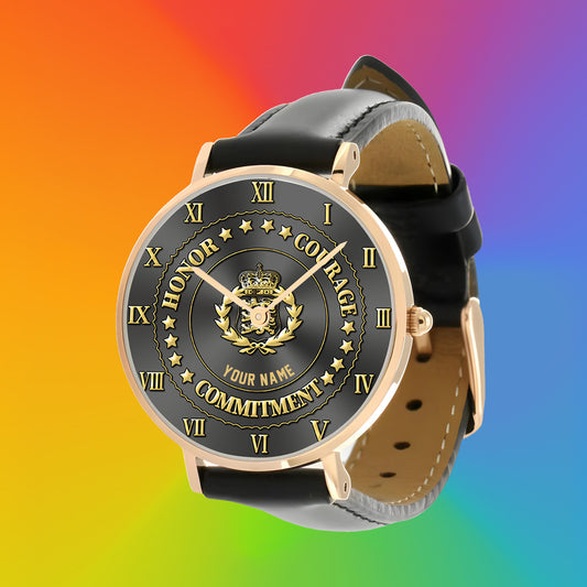 Personalized Denmark Soldier/ Veteran With Name Black Stitched Leather Watch - 2203240001 - Gold Version