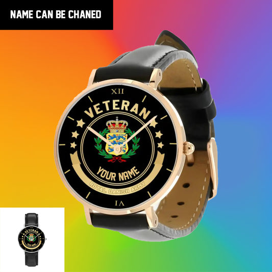 Personalized Denmark Soldier/ Veteran With Name Black Stitched Leather Watch - 1103240001 - Gold Version
