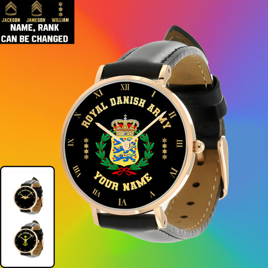 Personalized Denmark Soldier/ Veteran With Name And Rank Black Stitched Leather Watch - 0803240001 - Gold Version