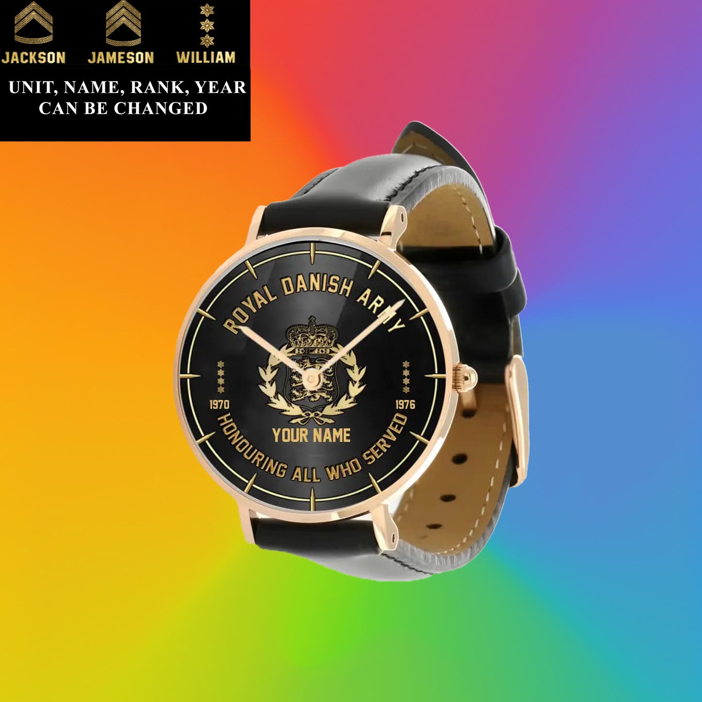 Montre personnalisée en cuir noir avec coutures noires pour soldat/vétéran du Danemark avec nom, grade et année - 26042401QA - Version dorée