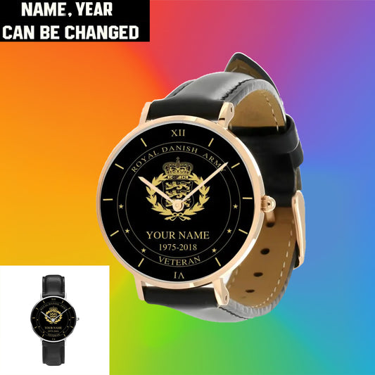 Personalized Denmark Soldier/ Veteran With Name And Year Black Stitched Leather Watch - 17105472 - Gold Version