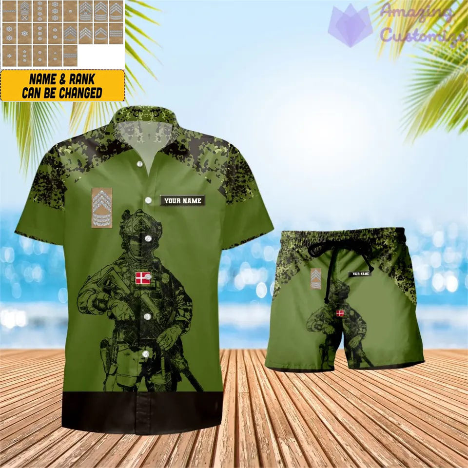 Personalized Denmark Soldier/ Veteran Camo With Rank Combo Hawaii Shirt + Short 3D Printed - 17023392