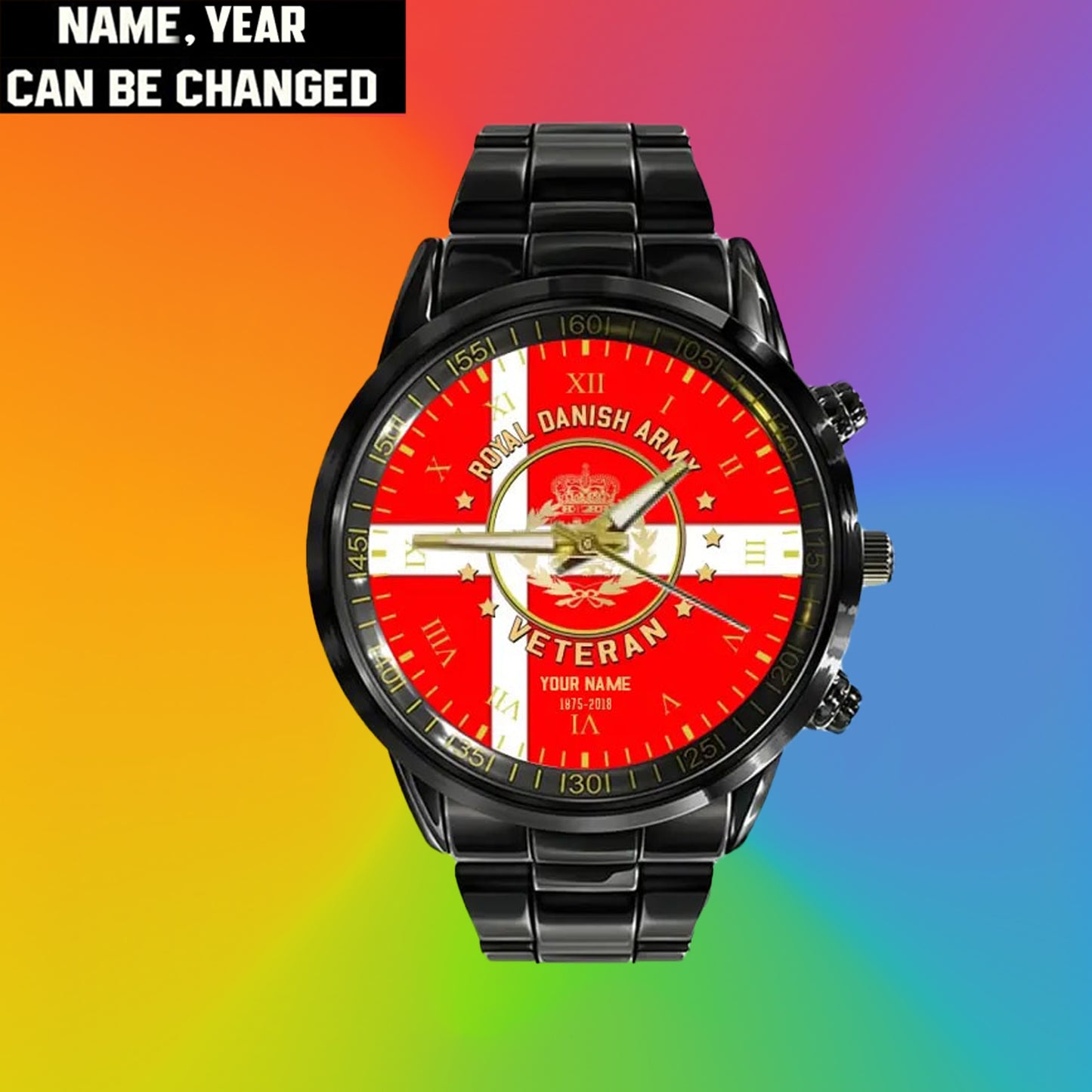 Personalized Denmark Soldier/ Veteran With Name And Rank Black Stainless Steel Watch - 17120160 - Gold Version