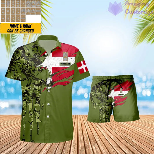 Personalized Denmark Soldier/ Veteran Camo With Rank Combo Hawaii Shirt + Short 3D Printed - 0311230001QA