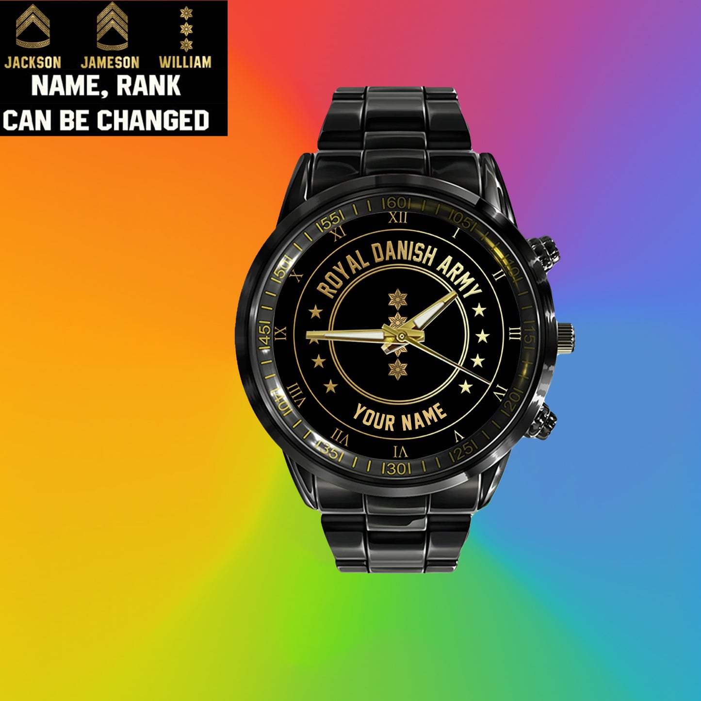 Personalized Denmark Soldier/ Veteran With Name And Rank Black Stainless Steel Watch - 17108928 - Gold Version