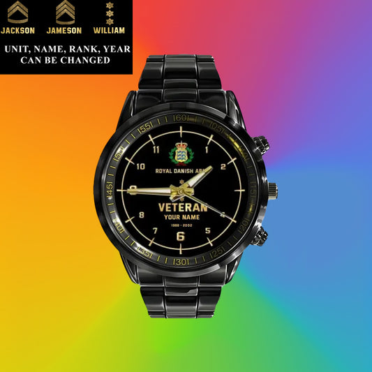 Personalized Denmark Soldier/ Veteran With Name, Rank and Year Black Stainless Steel Watch - 03052402QA - Gold Version