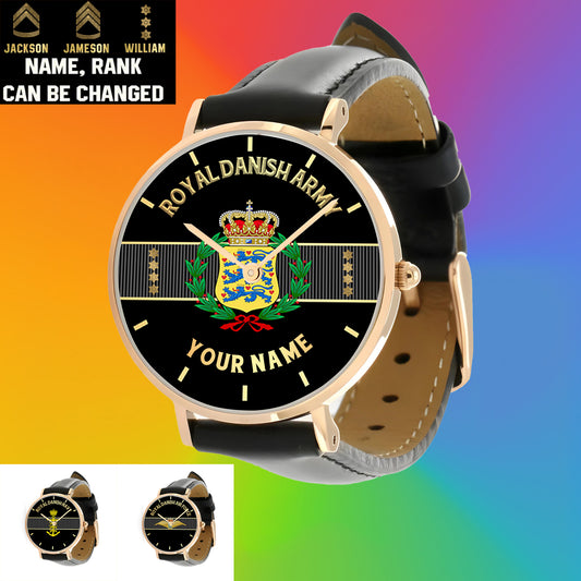 Personalized Denmark Soldier/ Veteran With Name And Rank Black Stitched Leather Watch - 0703240001 - Gold Version