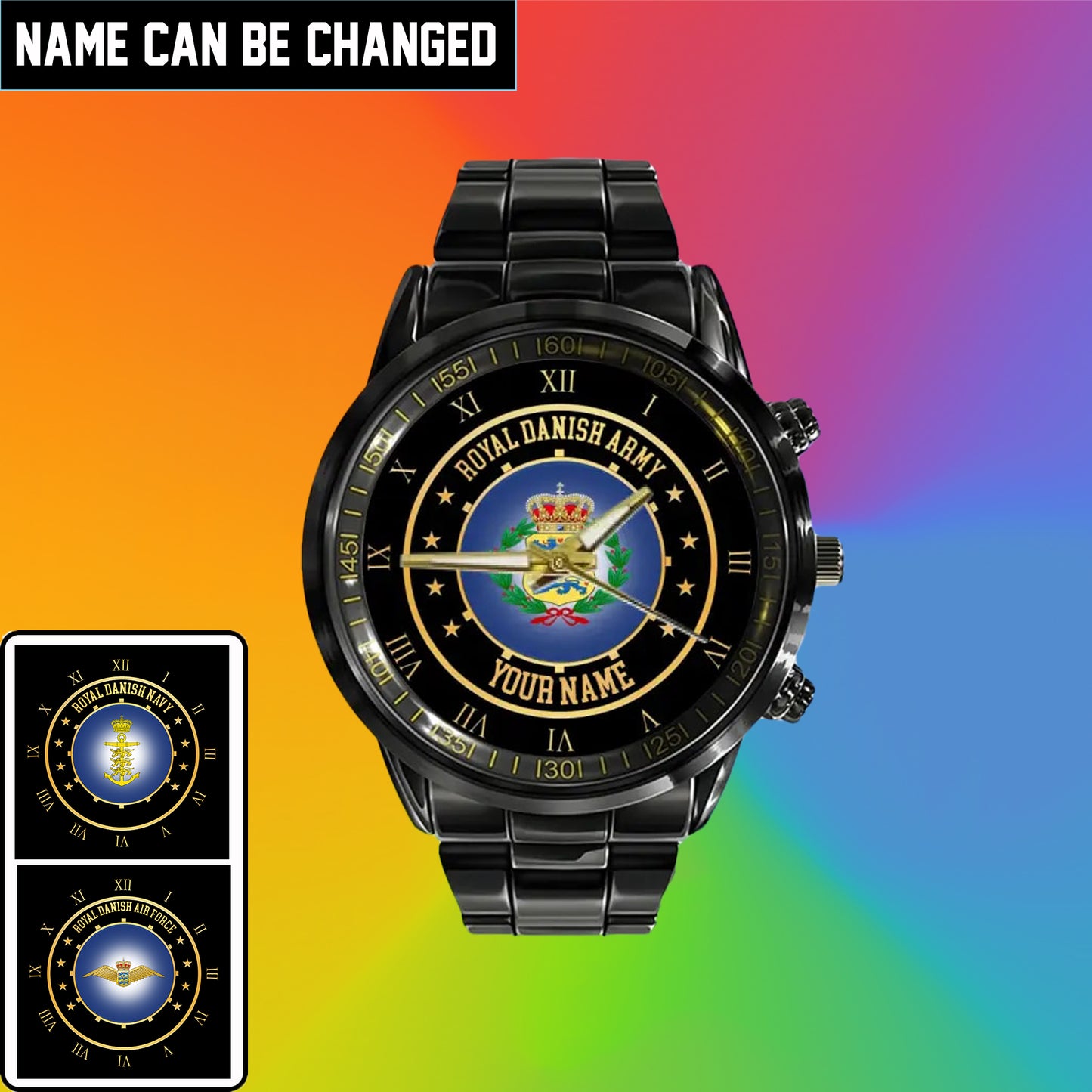 Personalized Denmark Soldier/ Veteran With Name Black Stainless Steel Watch - 17122752 - Gold Version