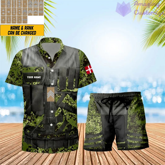 Personalized Denmark Soldier/ Veteran Camo With Rank Combo Hawaii Shirt + Short 3D Printed - 17137440