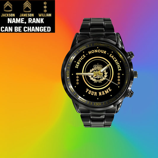Personalized Denmark Soldier/ Veteran With Name And Rank Black Stainless Steel Watch - 2603240001 - Gold Version