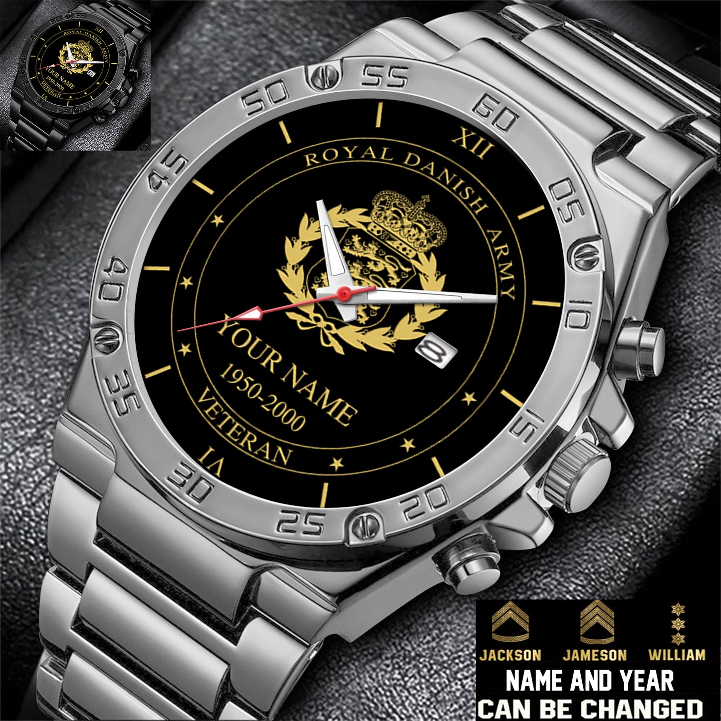 Personalized Denmark Soldier/ Veteran With Name And Year Gentleman Stainless Steel Watch - 17391456