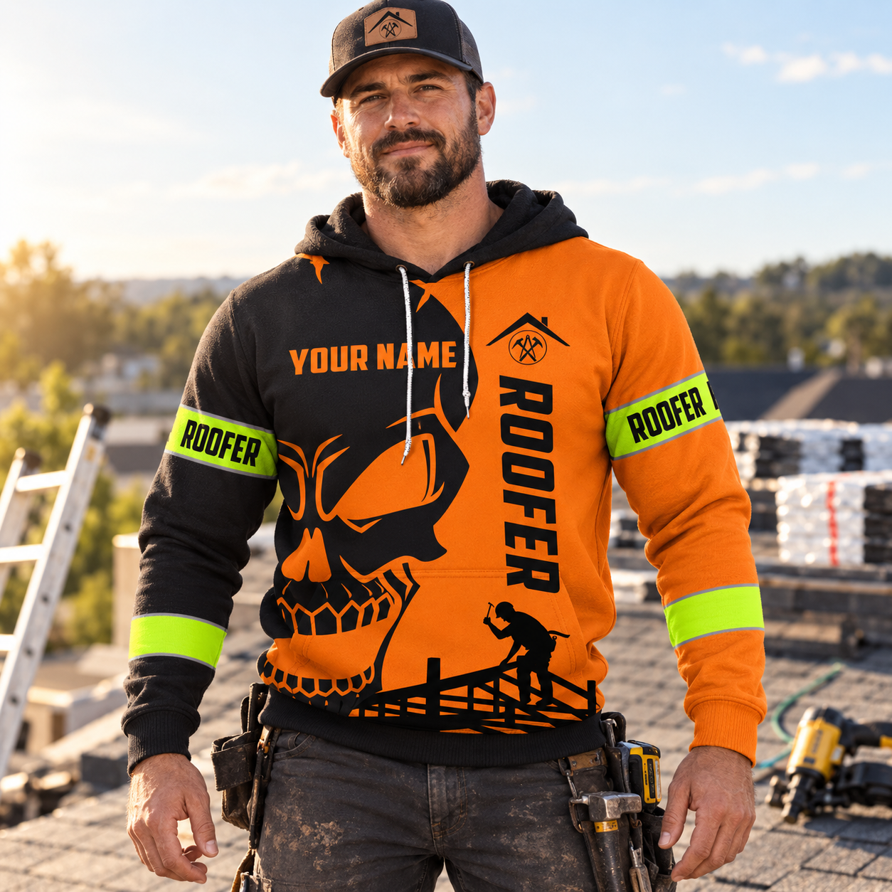 Personalized roofer hoodie featuring orange skull and roofing frame all-over print, worn by a model