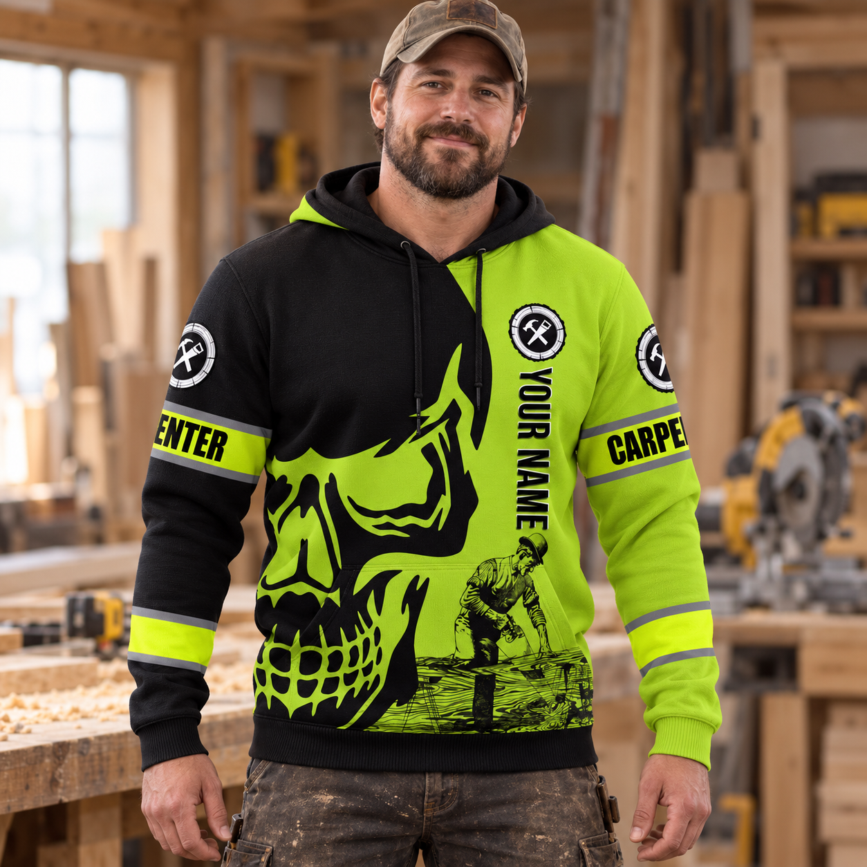 Personalized carpenter hoodie featuring black neon yellow carpenter skull all-over print, worn by a model