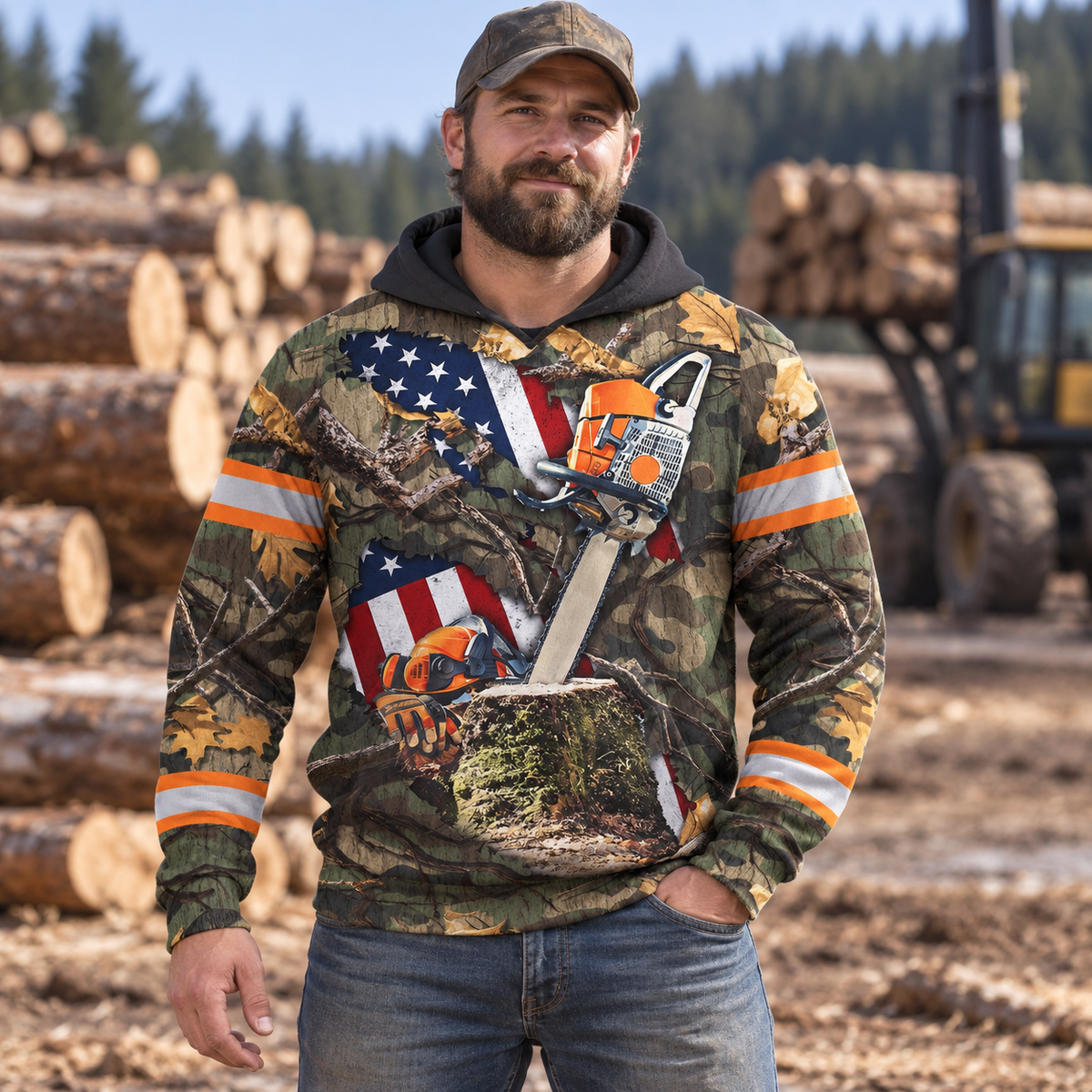 Personalized logger hoodie featuring woodland camouflage american flag chainsaw all-over print, worn by a model