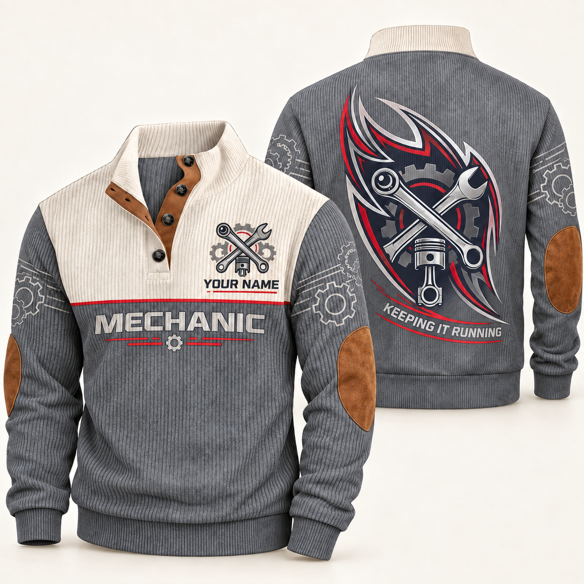 Personalized Mechanic Sports Sweatshirt - Heritage Collar - Grey