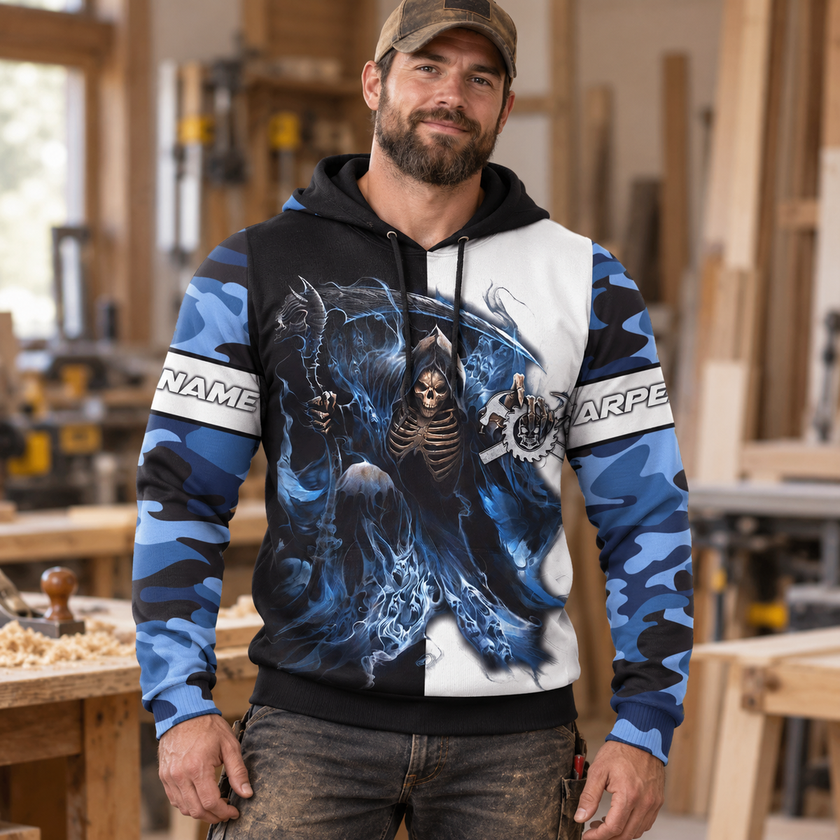 Personalized carpenter hoodie featuring blue camouflage grim reaper all-over print, worn by a model