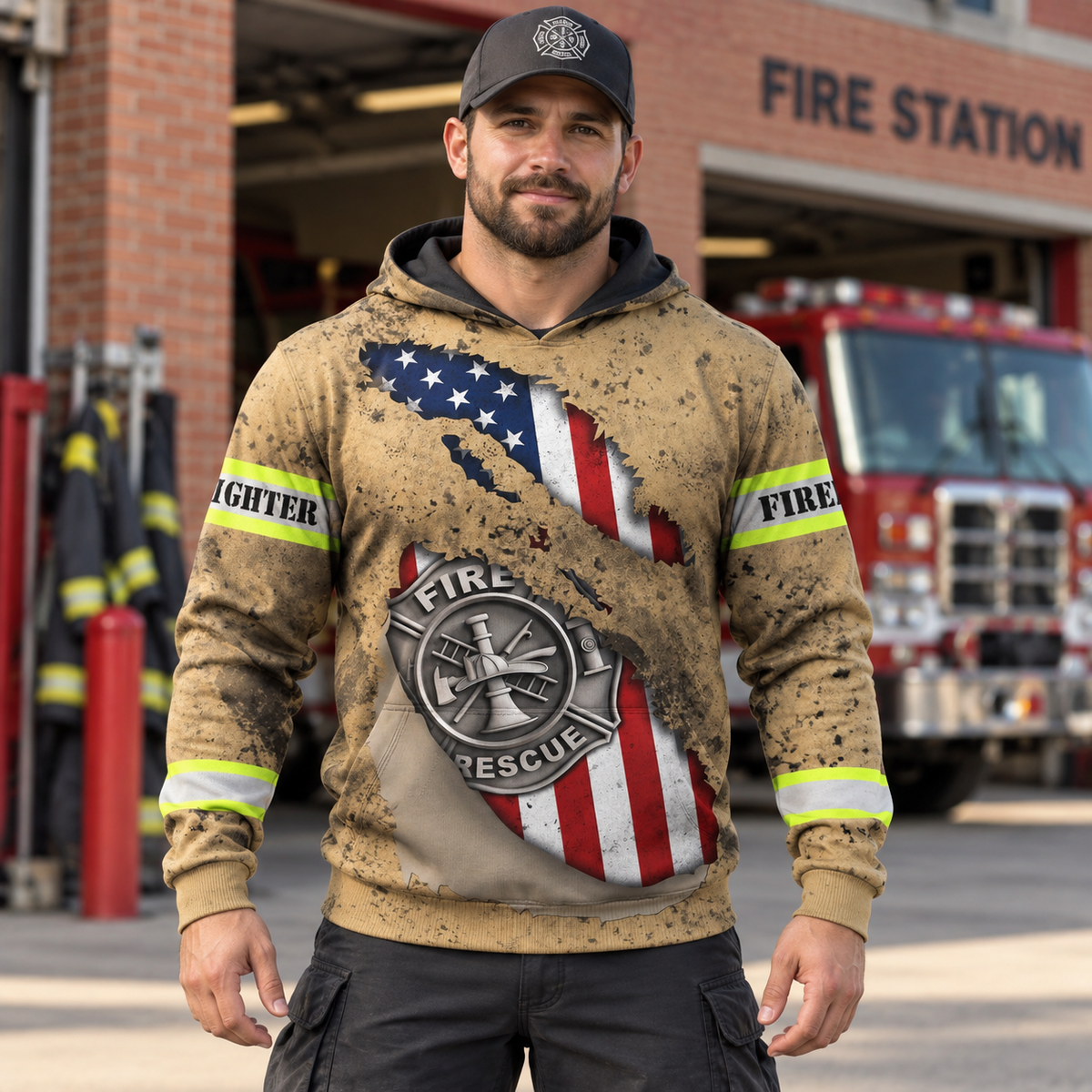 Personalized firefighter hoodie featuring tan fire rescue flag print all-over print, worn by a model