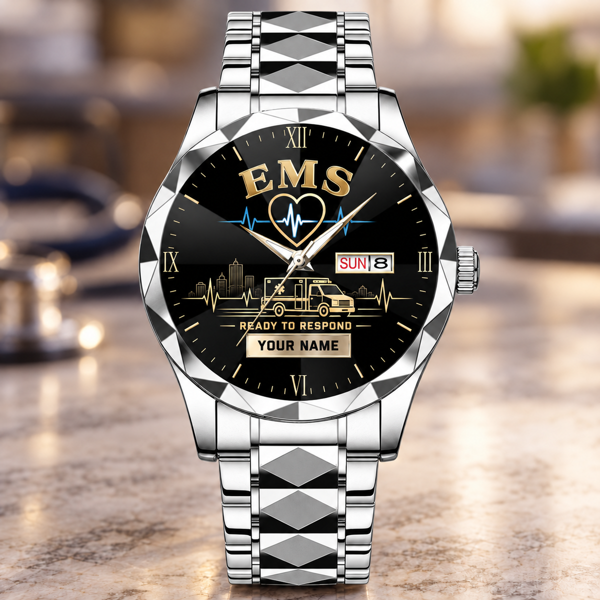 Personalized EMS Crystal Metal Watch - Faceted Legacy - Steel