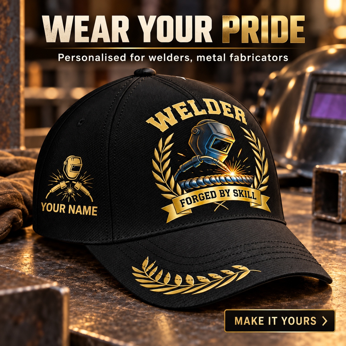 Personalized Welder Baseball Cap - Black Gold Legacy - advertising image