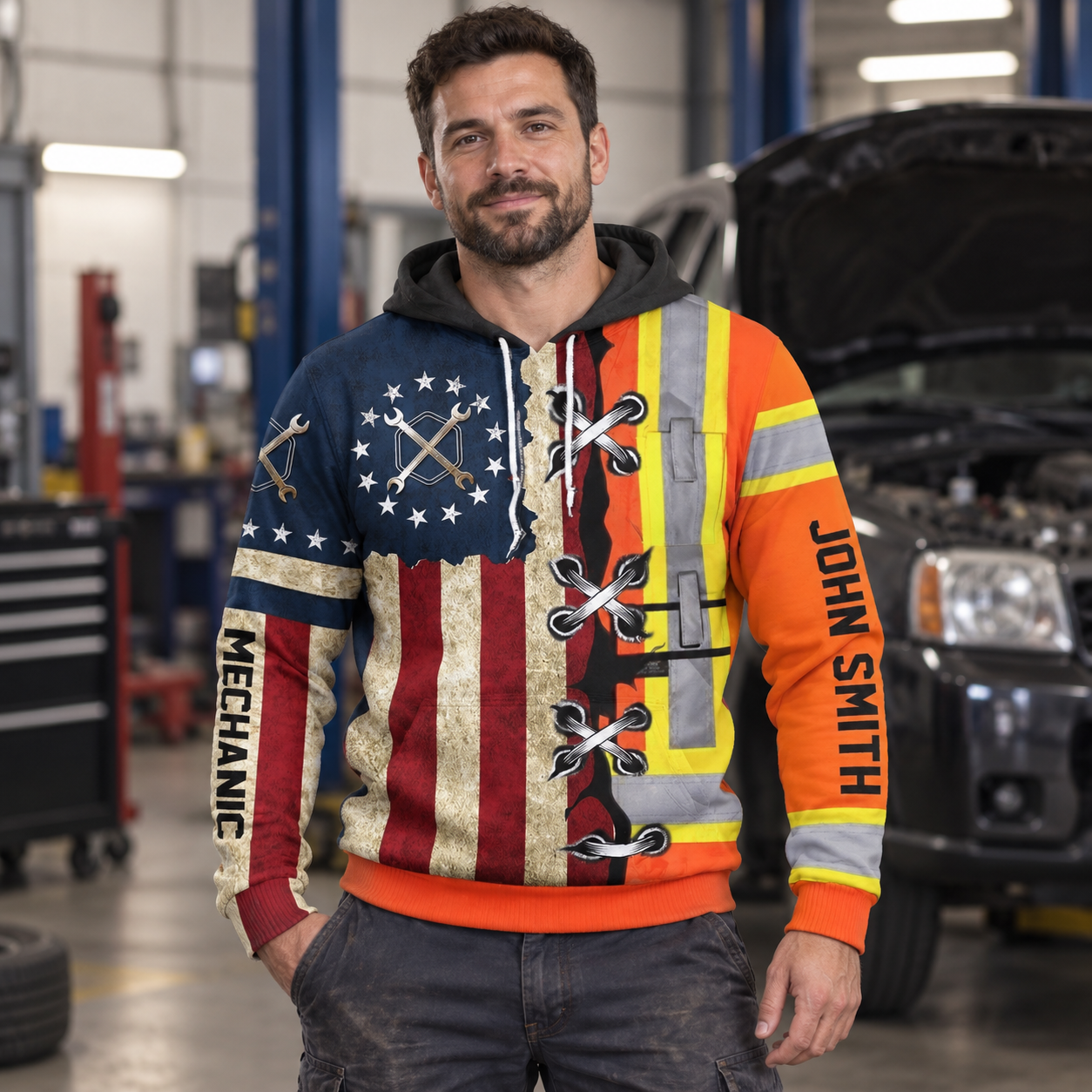 Personalized mechanic hoodie featuring american flag orange stripe print all-over print, worn by a model