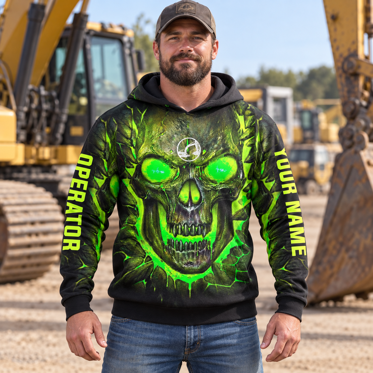 Personalized excavator operator hoodie featuring green skull print all-over print, worn by a model
