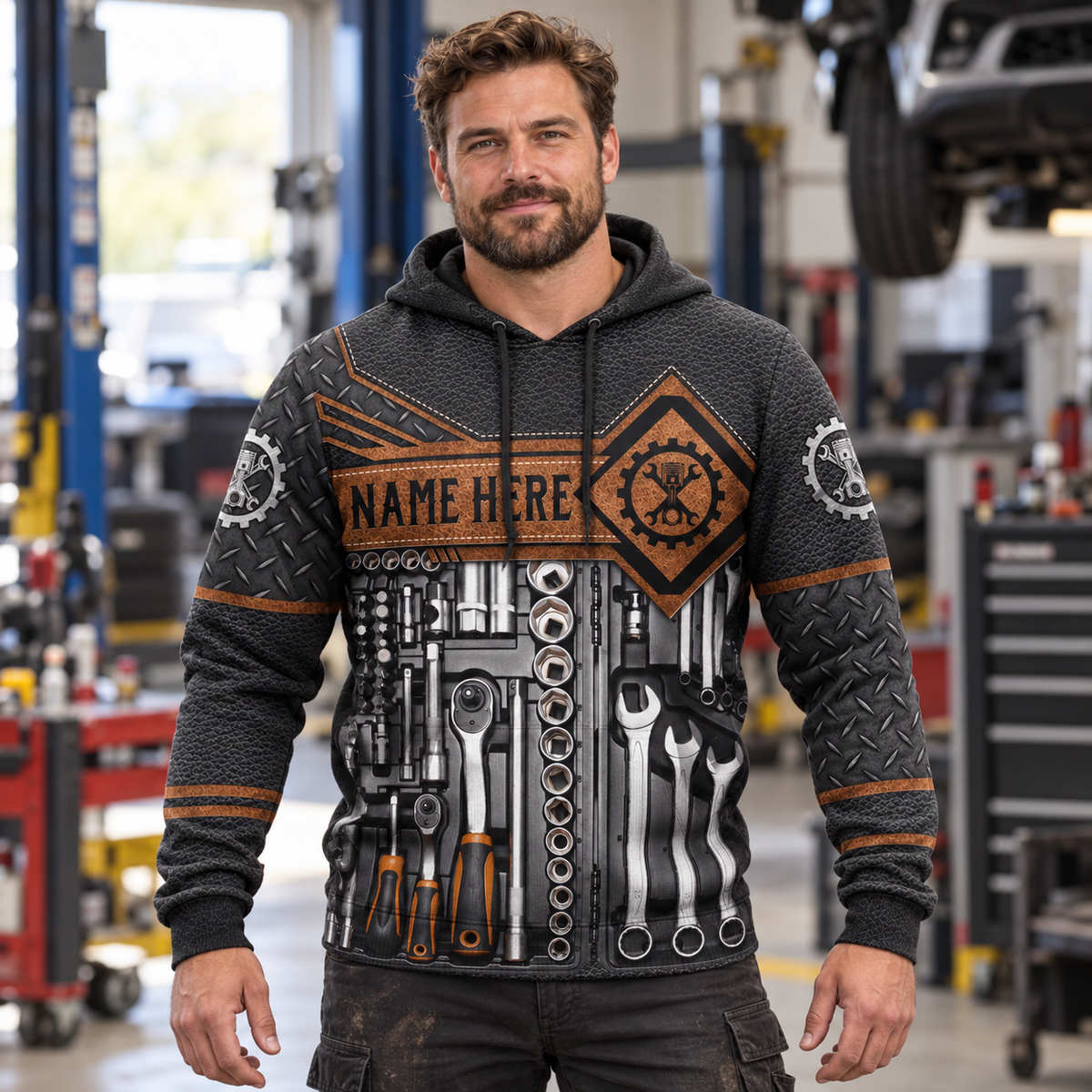Personalized mechanic hoodie featuring brown tool box print all-over print, worn by a model