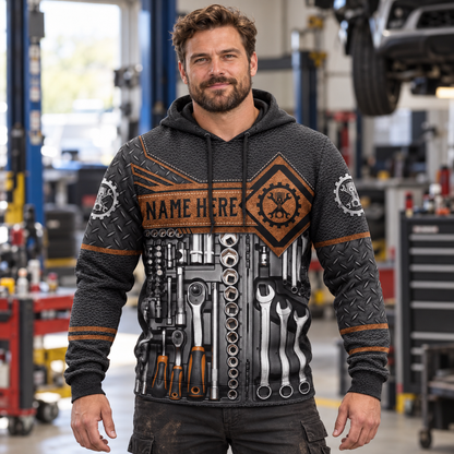 Personalized mechanic hoodie featuring brown tool box print all-over print, worn by a model