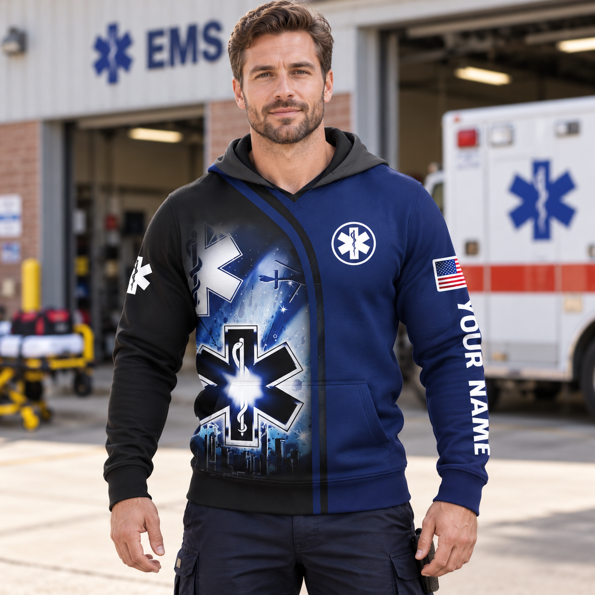 Personalized EMS paramedic hoodie featuring navy paramedic star of life all-over print, worn by a model