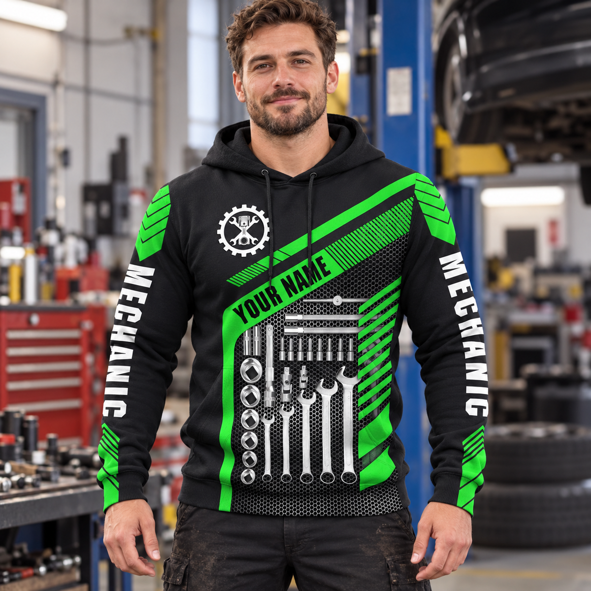 Personalized mechanic hoodie featuring green tool box print all-over print, worn by a model