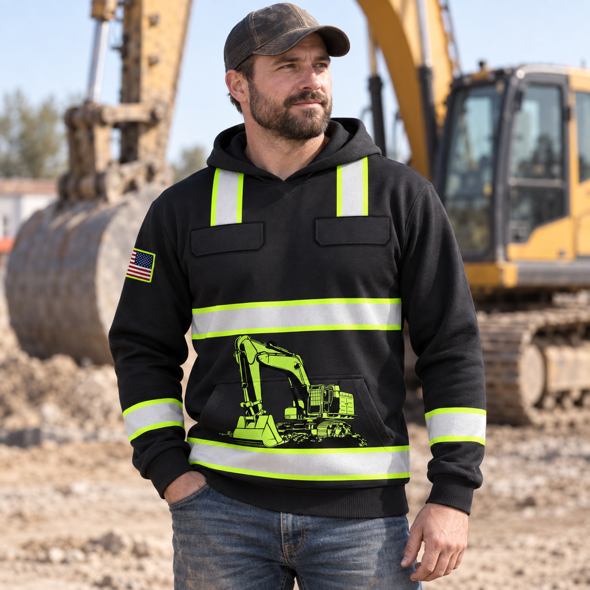 Personalized excavator operator hoodie featuring black yellow stripe excavator all-over print, worn by a model