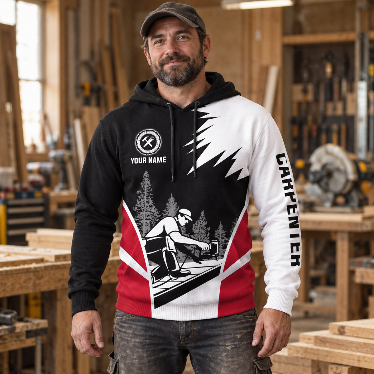 Personalized carpenter hoodie featuring black white red carpenter illustration all-over print, worn by a model
