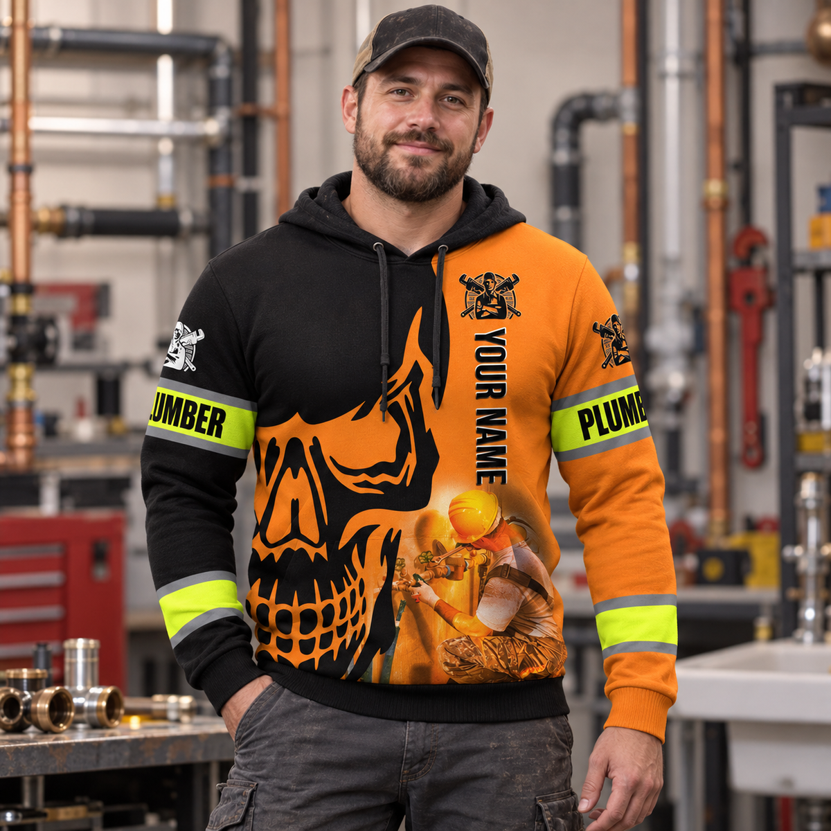Personalized plumber hoodie featuring orange black plumber skull all-over print, worn by a model