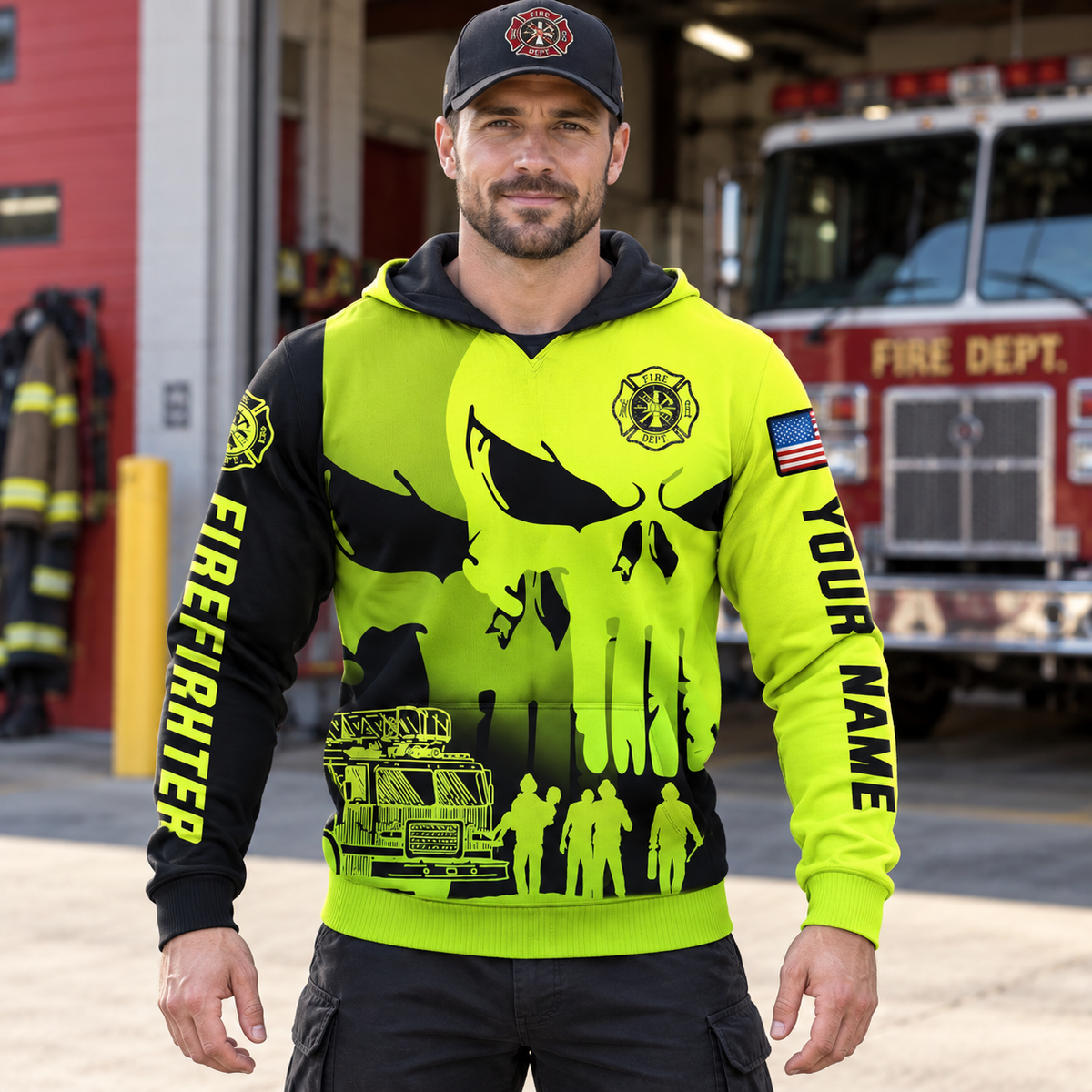 Personalized firefighter hoodie featuring neon yellow skull print all-over print, worn by a model
