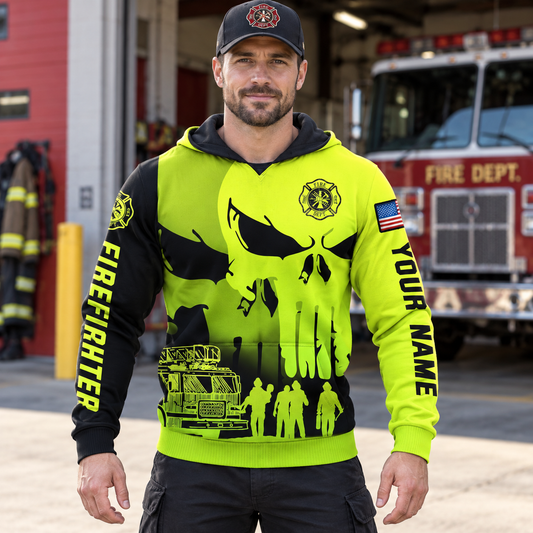 Personalized firefighter hoodie featuring neon yellow skull print all-over print, worn by a model