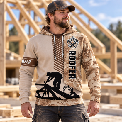 Roofer hoodie featuring tan camouflage roofer silhouette all-over print, worn by a model