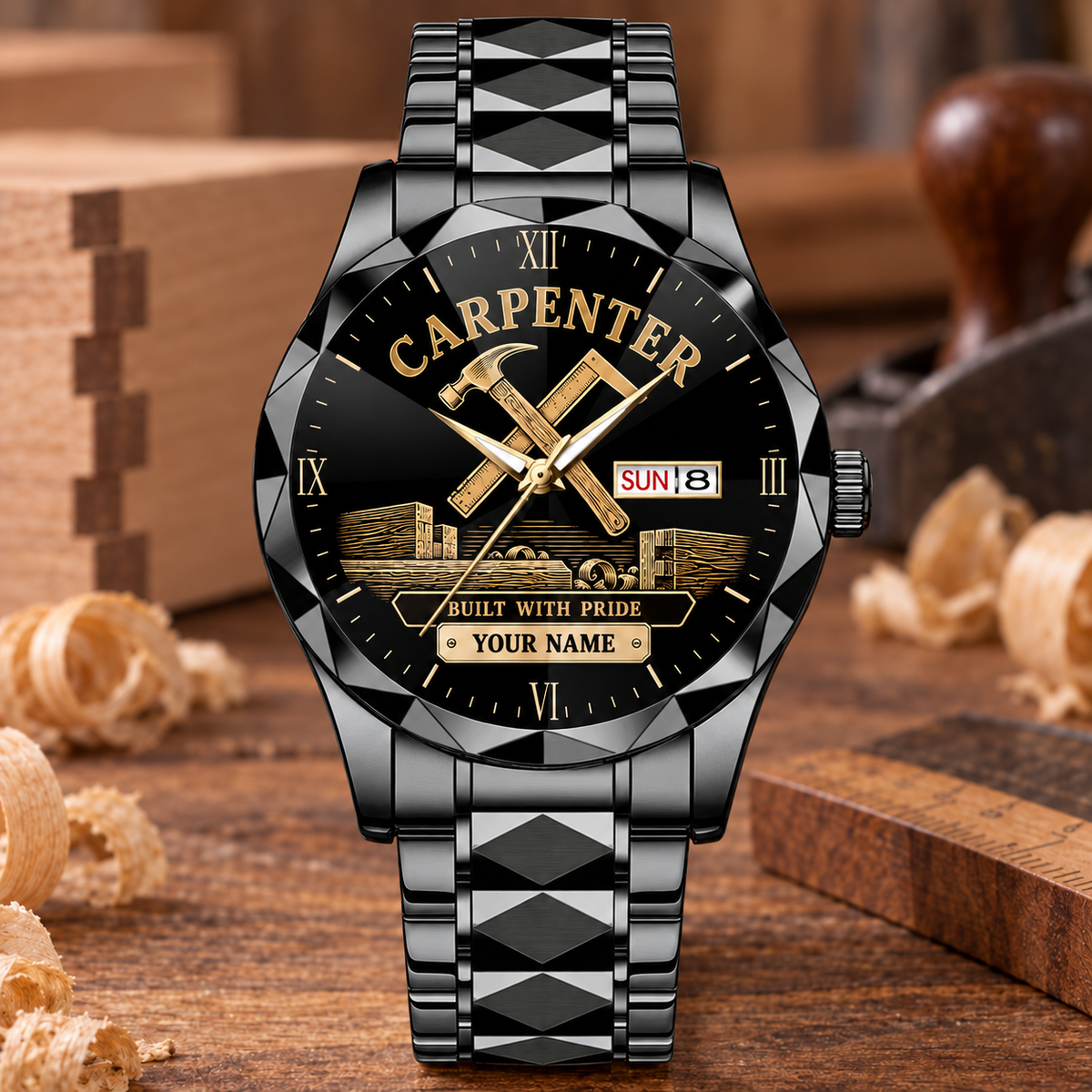 Personalized Carpenter Crystal Metal Watch - Faceted Legacy - Black